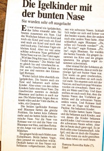 "Die Igelkinder Rotnase und Blaunase" - erste veröffentlichte Kurzgeschichte || Kölner Stadt-Anzeiger 1999 || Ramona Raabe